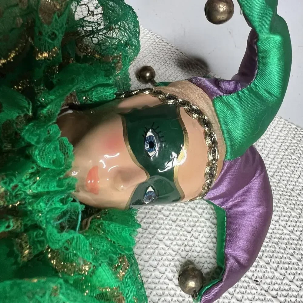 Dae Ha Industrial Porcelain Jester Girl Doll Masked Green Purple 7 In Masquerade